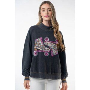White Birch Women's Sweatshirt Plus 2X Black Skate Sequin Embellished Pullover